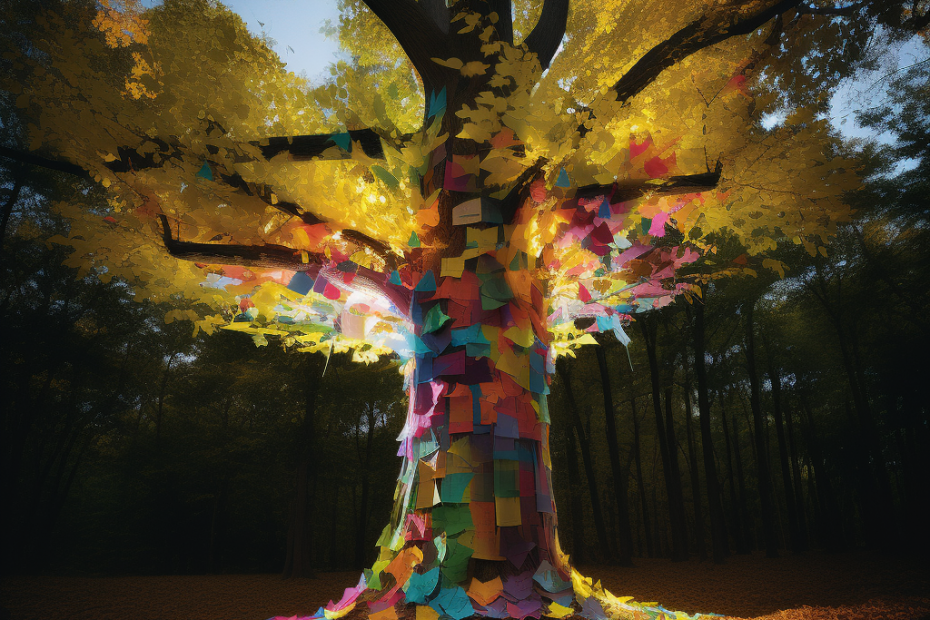 A majestic tree covered in post-it notes