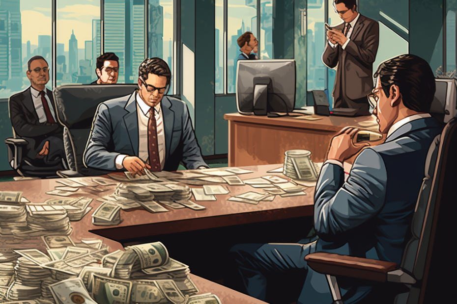 A corner office, with a CEO facing a group of financiers, his desk covered in money.