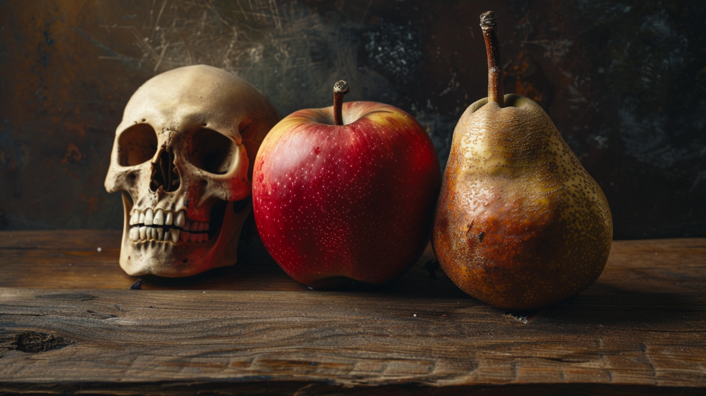 skull, apple and pear