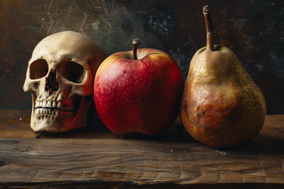 skull, apple and pear