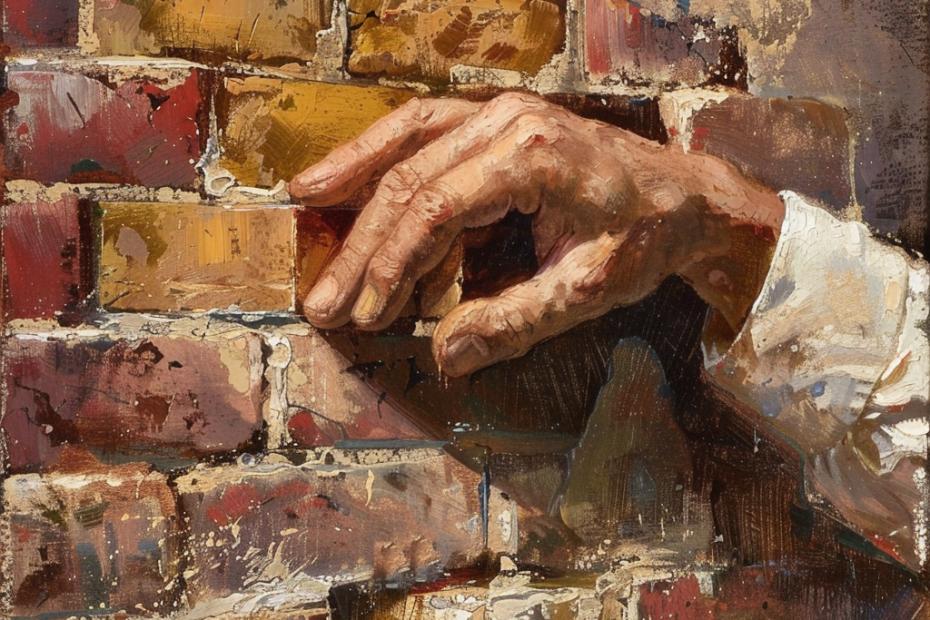 A man's hand laid lightly against a brick wall.