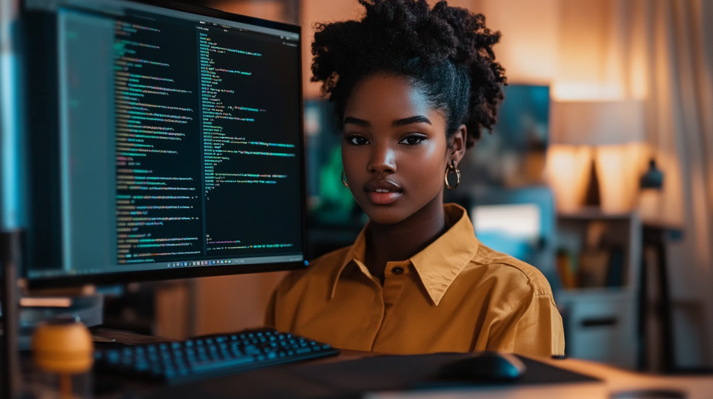 A young, black woman with curly hair in a top bun in front of a computer screen with code displayed on it.