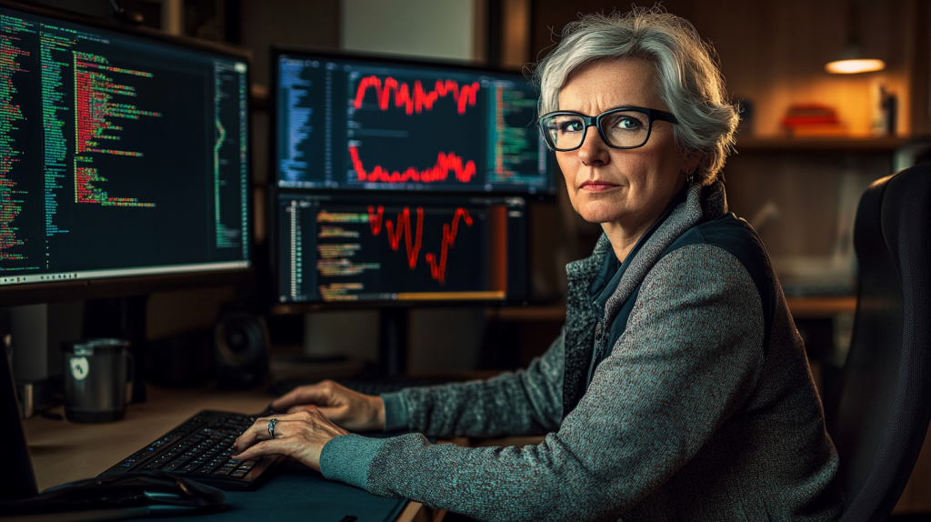 A middle aged women sitting in front of three computer monitors with red graphs and code on them.