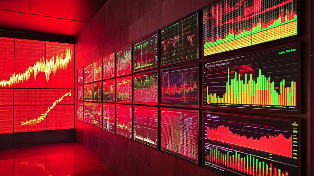 A wall with many monitor screens showing graphs in red and green.