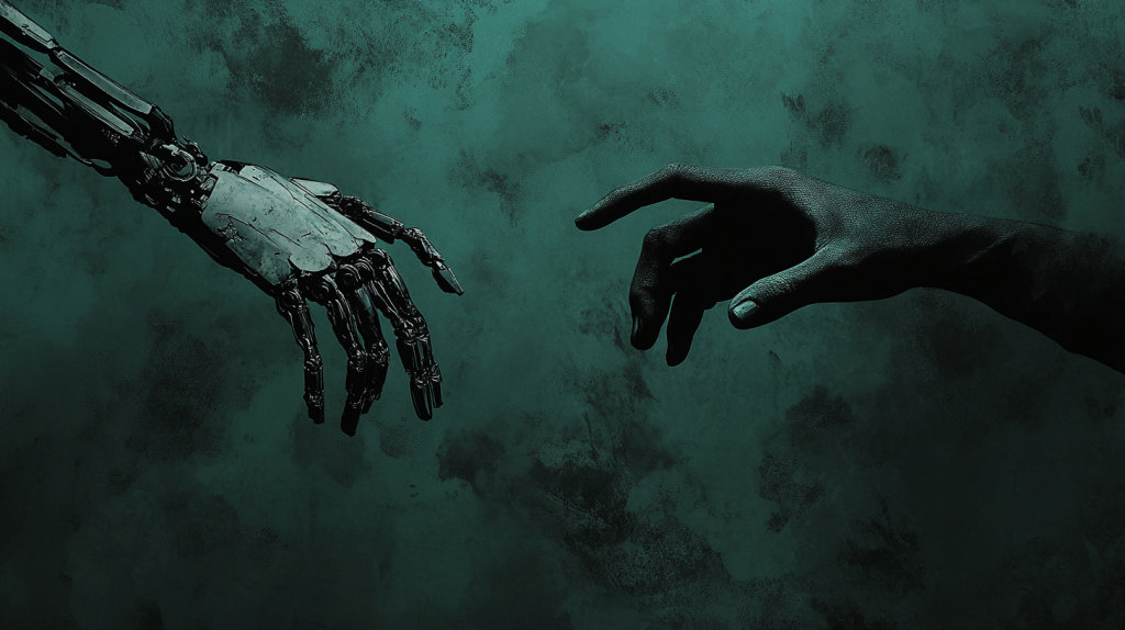 A robot hand and a human hand on the left are reaching for each other in front of a teal background.