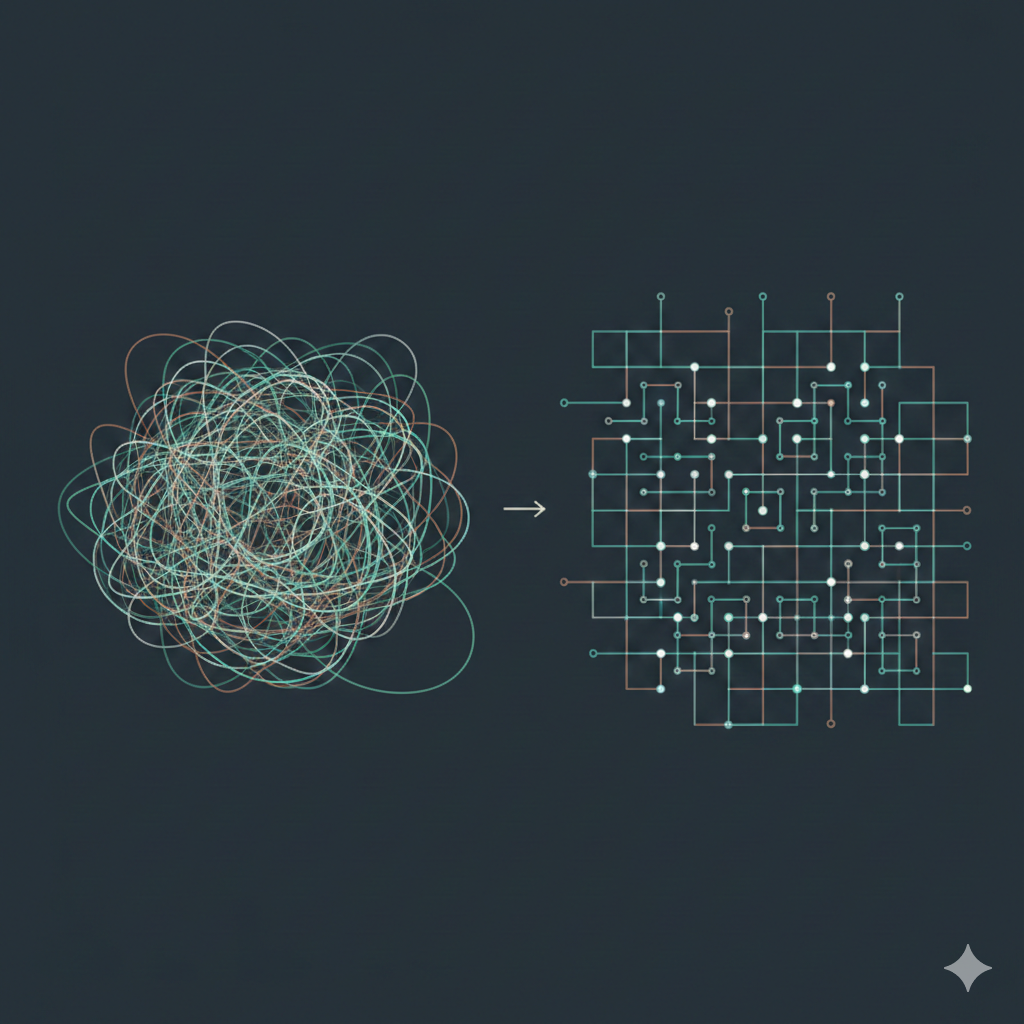 A minimalist, professional digital graphic on a deep slate background. The image is split into two distinct abstract sections: on the left, a chaotic, tangled "spaghetti" nest of swirling lines; on the right, a highly disciplined and ordered grid of geometric, circuit-like lines with node points. The composition uses a sophisticated palette of copper, turquoise, and seafoam green, with bone-white accents. A subtle white arrow points from the chaos to the order, symbolizing a transition from messy "vibe coding" to disciplined, structured software development.