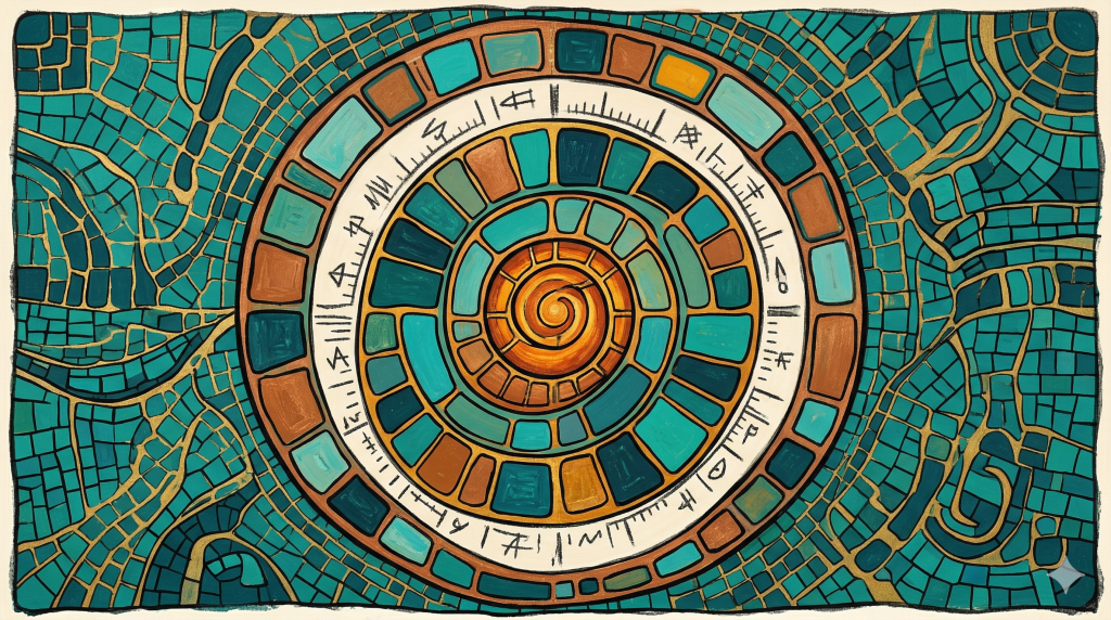 Gemini said An intricate digital illustration featuring a large, circular mosaic design set against a background of teal and gold cracked-tile patterns. The central focus is a series of concentric rings and spirals. A prominent white outer ring is inscribed with dark, abstract symbols resembling ancient script or runic markings. Inside this, a spiral of blocky tiles in shades of teal, turquoise, and burnt orange winds toward a glowing golden-orange center. Thin gold lines branch out from the central circle across the surrounding teal mosaic, creating a map-like or biological appearance. The style combines elements of ancient artifacts with modern digital geometric art.