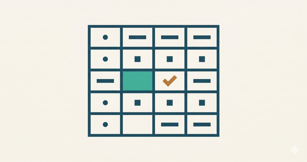 Gemini said A minimalist, stylized illustration of a grid containing symbols on a cream-colored background. The grid is four columns wide by five rows tall, outlined in dark blue. Most of the cells contain simple dark blue icons such as dots, horizontal bars, and small squares. Two cells in the center stand out: one is a solid teal green rectangle, and the one to its right contains a tan-colored checkmark. The bottom-left and bottom-center cells are blank. The overall aesthetic is clean and geometric, resembling a dashboard or a data tracking table.