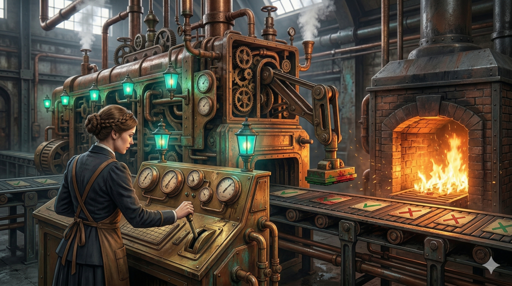 A digital illustration in a steampunk style showing a woman operating a complex, copper-toned industrial machine. The woman, with her hair in a braided bun and wearing a dark dress with a brown apron, stands at a control panel with several round pressure gauges and a large lever. To her right, a conveyor belt carries square tiles marked with green checkmarks and red "X" symbols. A mechanical arm hangs over the belt, and the tiles lead toward a brick furnace filled with bright orange flames. The massive machine behind her is adorned with glowing teal lanterns, interlocking gears, and pipes emitting small puffs of steam. The overall atmosphere is warm and industrial, with a blend of historical and fantastical technology.