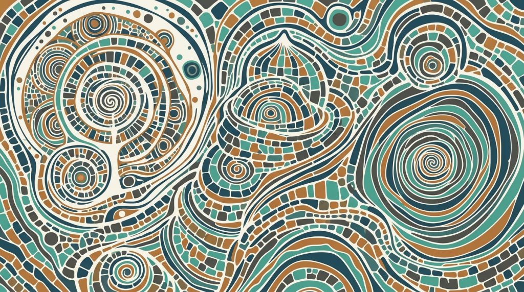Abstract mosaic pattern of interconnected spirals in copper and teal