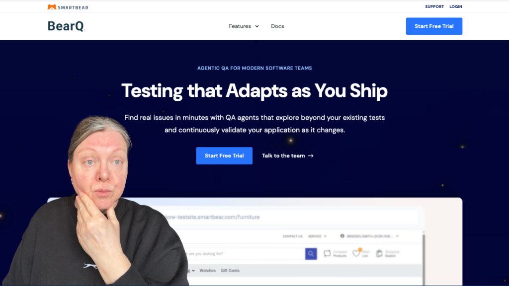 Kat on camera over the BearQ landing page, from the second SmartBear video